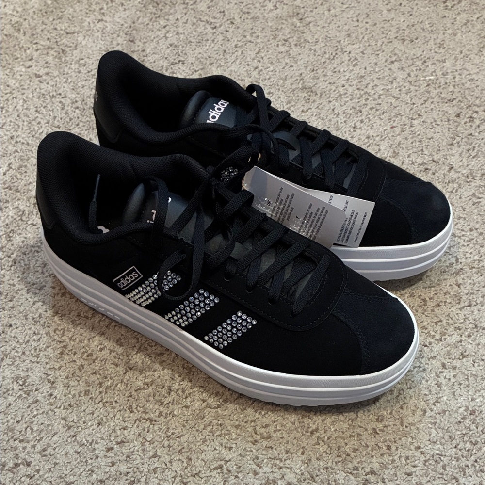Adidas VL court bold black with silver rhinestone stripes